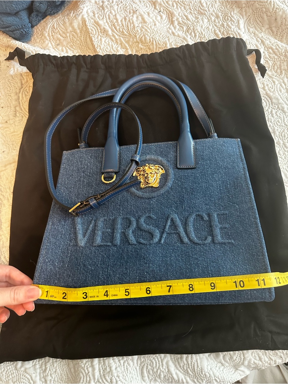 Versace Dark Blue Denim Tote with Gold Medusa Emblem - Picture 6 of 9